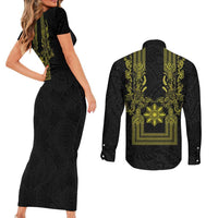 Philippines Barong Style Couples Matching Short Sleeve Bodycon Dress and Long Sleeve Button Shirt with Polynesian Art and Leaf Motif Black-Gold Color LT03 - Polynesian Pride