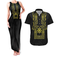 Philippines Barong Style Couples Matching Tank Maxi Dress and Hawaiian Shirt with Polynesian Art and Leaf Motif Black-Gold Color LT03 Black - Polynesian Pride