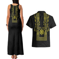 Philippines Barong Style Couples Matching Tank Maxi Dress and Hawaiian Shirt with Polynesian Art and Leaf Motif Black-Gold Color LT03 - Polynesian Pride