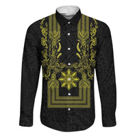 Philippines Barong Style Family Matching Mermaid Dress and Hawaiian Shirt with Polynesian Art and Leaf Motif Black-Gold Color LT03 Dad's Shirt - Long Sleeve Black - Polynesian Pride