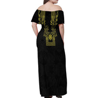 Philippines Barong Style Family Matching Off Shoulder Maxi Dress and Hawaiian Shirt with Polynesian Art and Leaf Motif Black-Gold Color LT03 - Polynesian Pride