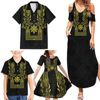 Philippines Barong Style Family Matching Summer Maxi Dress and Hawaiian Shirt with Polynesian Art and Leaf Motif Black-Gold Color LT03 - Polynesian Pride