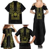 Philippines Barong Style Family Matching Summer Maxi Dress and Hawaiian Shirt with Polynesian Art and Leaf Motif Black-Gold Color LT03 - Polynesian Pride