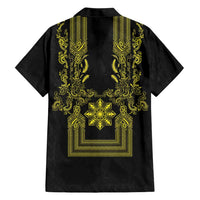 Philippines Barong Style Family Matching Tank Maxi Dress and Hawaiian Shirt with Polynesian Art and Leaf Motif Black-Gold Color LT03 - Polynesian Pride