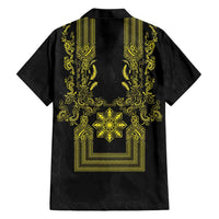 Philippines Barong Style Hawaiian Shirt with Polynesian Art and Leaf Motif Black-Gold Color