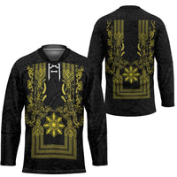 Philippines Barong Style Hockey Jersey with Polynesian Art and Leaf Motif Black-Gold Color