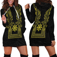 Philippines Barong Style Hoodie Dress with Polynesian Art and Leaf Motif Black-Gold Color LT03 - Polynesian Pride
