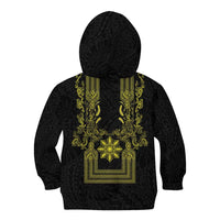 Philippines Barong Style Kid Hoodie with Polynesian Art and Leaf Motif Black-Gold Color