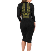 Philippines Barong Style Long Sleeve Bodycon Dress with Polynesian Art and Leaf Motif Black-Gold Color LT03 - Polynesian Pride