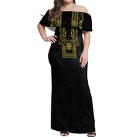 Philippines Barong Style Off Shoulder Maxi Dress with Polynesian Art and Leaf Motif Black-Gold Color