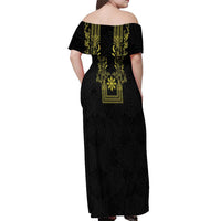 Philippines Barong Style Off Shoulder Maxi Dress with Polynesian Art and Leaf Motif Black-Gold Color