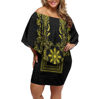 Philippines Barong Style Off Shoulder Short Dress with Polynesian Art and Leaf Motif Black-Gold Color