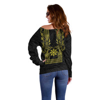 Philippines Barong Style Off Shoulder Sweater with Polynesian Art and Leaf Motif Black-Gold Color