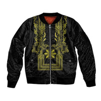 Philippines Barong Style Sleeve Zip Bomber Jacket with Polynesian Art and Leaf Motif Black-Gold Color