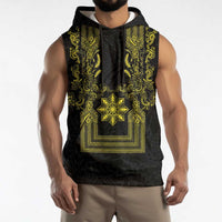 Philippines Barong Style Sleeveless Hoodie with Polynesian Art and Leaf Motif Black-Gold Color LT03 - Polynesian Pride