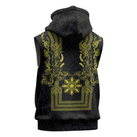Philippines Barong Style Sleeveless Zip Hoodie with Polynesian Art and Leaf Motif Black-Gold Color LT03 - Polynesian Pride
