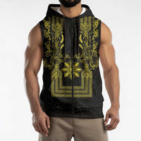 Philippines Barong Style Sleeveless Zip Hoodie with Polynesian Art and Leaf Motif Black-Gold Color LT03 - Polynesian Pride
