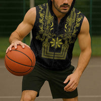 Philippines Barong Style Sleeveless Zip Hoodie with Polynesian Art and Leaf Motif Black-Gold Color LT03 - Polynesian Pride