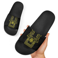 Philippines Barong Style Slide Sandals with Polynesian Art and Leaf Motif Black-Gold Color