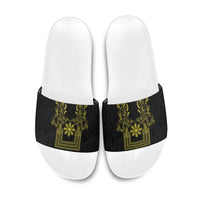 Philippines Barong Style Slide Sandals with Polynesian Art and Leaf Motif Black-Gold Color