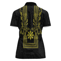 Philippines Barong Style Women Polo Shirt with Polynesian Art and Leaf Motif Black-Gold Color LT03 - Polynesian Pride