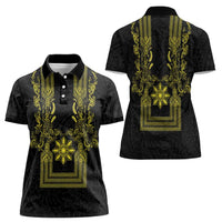 Philippines Barong Style Women Polo Shirt with Polynesian Art and Leaf Motif Black-Gold Color LT03 - Polynesian Pride