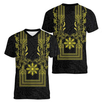 Philippines Barong Style Women V-Neck T-Shirt with Polynesian Art and Leaf Motif Black-Gold Color LT03 - Polynesian Pride