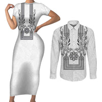 Philippines Barong Style Couples Matching Short Sleeve Bodycon Dress and Long Sleeve Button Shirt with Polynesian Art and Leaf Motif Black-White Color LT03 White - Polynesian Pride