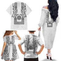 Philippines Barong Style Family Matching Off The Shoulder Long Sleeve Dress and Hawaiian Shirt with Polynesian Art and Leaf Motif Black-White Color LT03 - Polynesian Pride