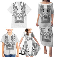 Philippines Barong Style Family Matching Puletasi and Hawaiian Shirt with Polynesian Art and Leaf Motif Black-White Color LT03 - Polynesian Pride