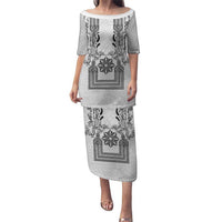 Philippines Barong Style Family Matching Puletasi and Hawaiian Shirt with Polynesian Art and Leaf Motif Black-White Color LT03 Mom's Dress White - Polynesian Pride