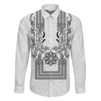 Philippines Barong Style Family Matching Summer Maxi Dress and Hawaiian Shirt with Polynesian Art and Leaf Motif Black-White Color LT03 Dad's Shirt - Long Sleeve White - Polynesian Pride