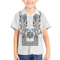 Philippines Barong Style Family Matching Tank Maxi Dress and Hawaiian Shirt with Polynesian Art and Leaf Motif Black-White Color LT03 Son's Shirt White - Polynesian Pride