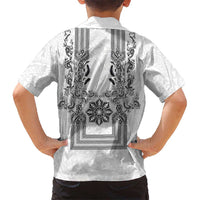 Philippines Barong Style Hawaiian Shirt with Polynesian Art and Leaf Motif Black-White Color