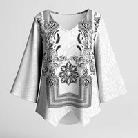 Philippines Barong Style Kimono Sleeve Blouse with Polynesian Art and Leaf Motif Black-White Color