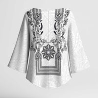 Philippines Barong Style Kimono Sleeve Blouse with Polynesian Art and Leaf Motif Black-White Color