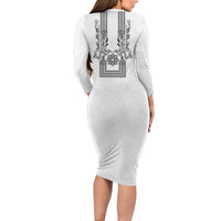 Philippines Barong Style Long Sleeve Bodycon Dress with Polynesian Art and Leaf Motif Black-White Color LT03 - Polynesian Pride