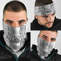 Philippines Barong Style Neck Gaiter with Polynesian Art and Leaf Motif Black-White Color