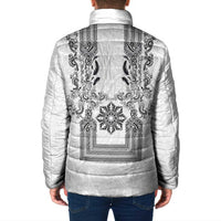 Philippines Barong Style Padded Jacket with Polynesian Art and Leaf Motif Black-White Color