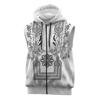Philippines Barong Style Sleeveless Zip Hoodie with Polynesian Art and Leaf Motif Black-White Color
