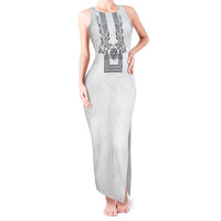 Philippines Barong Style Tank Maxi Dress with Polynesian Art and Leaf Motif Black-White Color