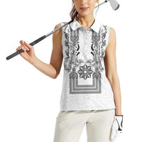 Philippines Barong Style Women Sleeveless Polo Shirt with Polynesian Art and Leaf Motif Black-White Color LT03 - Polynesian Pride