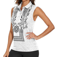 Philippines Barong Style Women Sleeveless Polo Shirt with Polynesian Art and Leaf Motif Black-White Color LT03 - Polynesian Pride