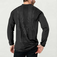 Philippines Barong Style Button Sweatshirt with Polynesian Art and Leaf Motif Black Color