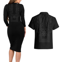 Philippines Barong Style Couples Matching Long Sleeve Bodycon Dress and Hawaiian Shirt with Polynesian Art and Leaf Motif Black Color LT03 - Polynesian Pride