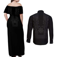 Philippines Barong Style Couples Matching Off Shoulder Maxi Dress and Long Sleeve Button Shirt with Polynesian Art and Leaf Motif Black Color LT03 - Polynesian Pride