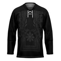 Philippines Barong Style Hockey Jersey with Polynesian Art and Leaf Motif Black Color