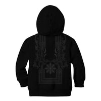 Philippines Barong Style Kid Hoodie with Polynesian Art and Leaf Motif Black Color