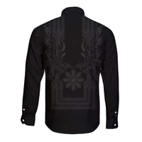 Philippines Barong Style Long Sleeve Button Shirt with Polynesian Art and Leaf Motif Black Color