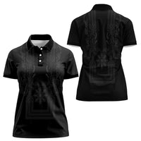 Philippines Barong Style Women Polo Shirt with Polynesian Art and Leaf Motif Black Color LT03 - Polynesian Pride